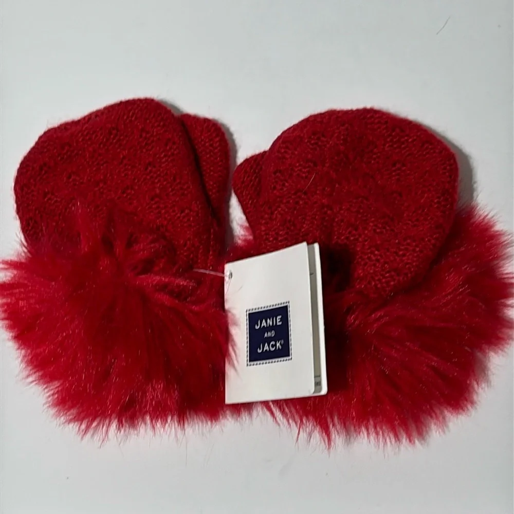 Janie and Jack Baby Girls Faux Fur Cuff Sweater Mittens in Red